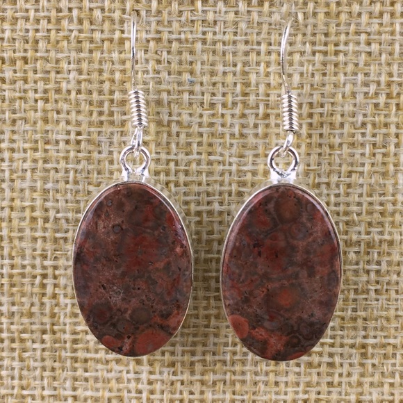 New Jasper Stone Hook Dangle Silver Earrings - Picture 2 of 7